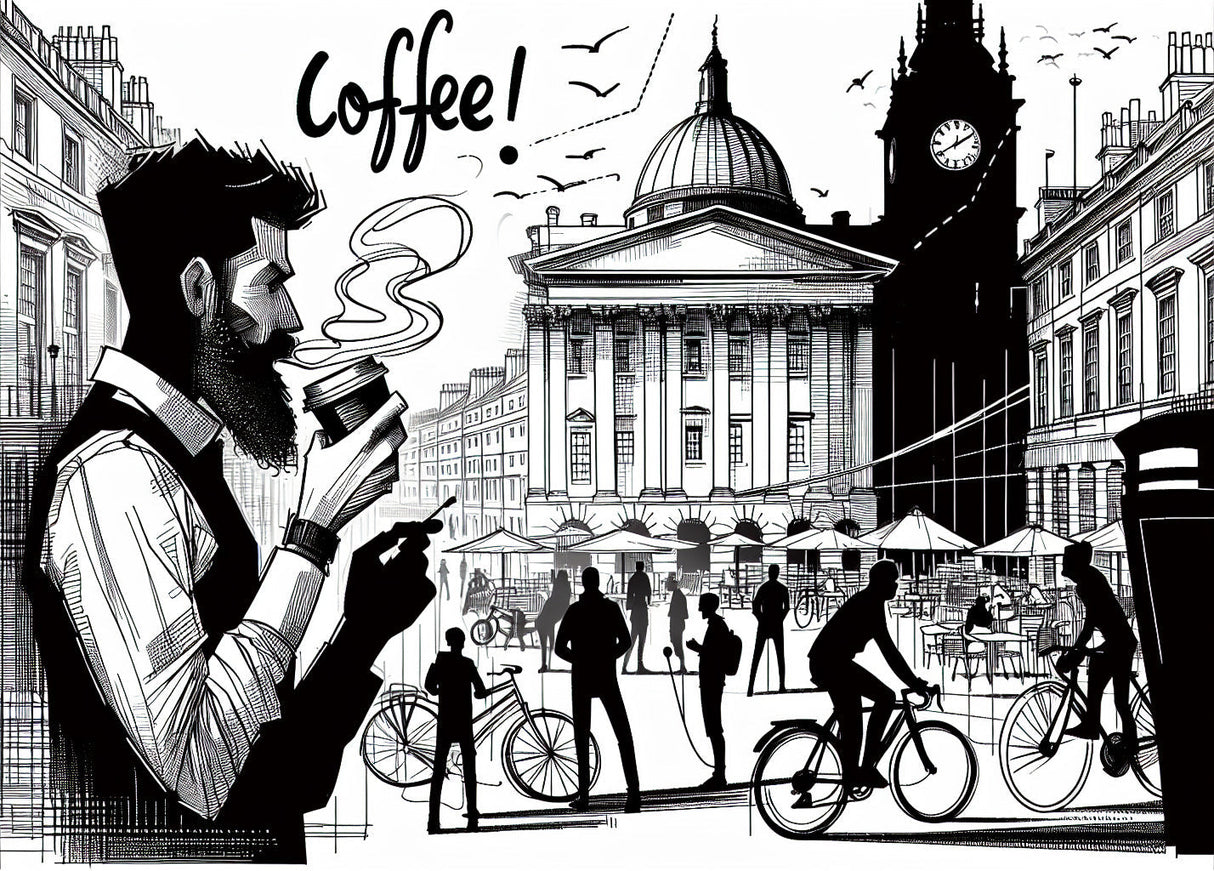 Black and white London coffee scene design file showing detailed urban sketch pattern and architectural elements
