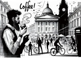 Black and white London coffee scene design file showing detailed urban sketch pattern and architectural elements