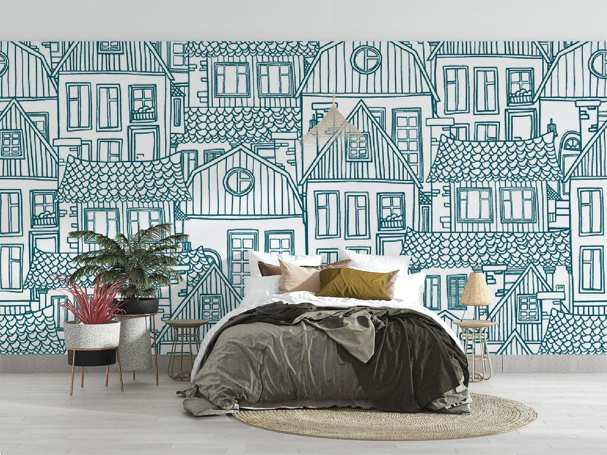 Blue architectural line art wallpaper in a bright modern living room with minimalist furniture
