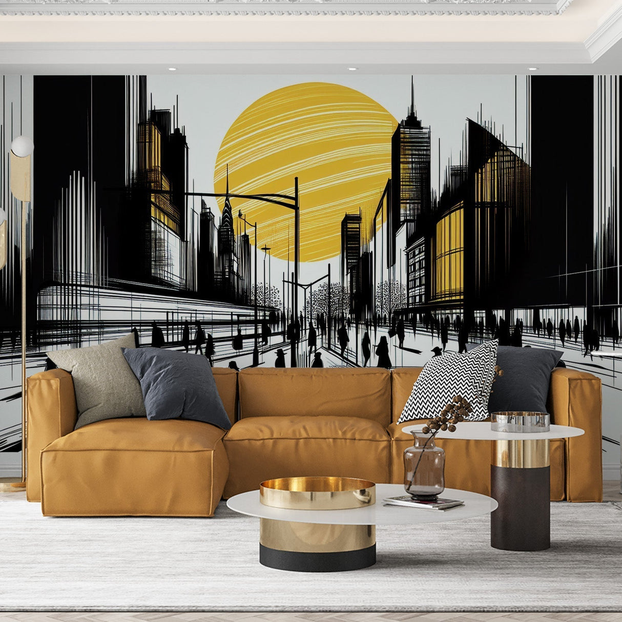 Black and gold city skyline mural wallpaper creating depth in a modern living room with minimal furniture