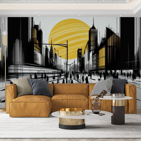 Black and gold city skyline mural wallpaper creating depth in a modern living room with minimal furniture