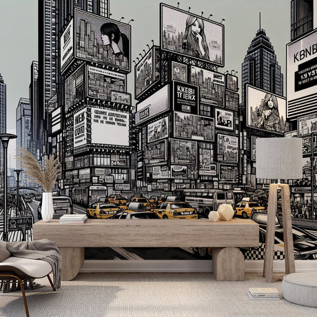 Modern living room with Comic City Wallpaper showing black and white urban design with yellow taxis, creating dramatic contrast