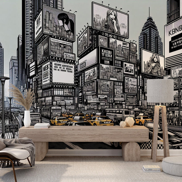Modern living room with Comic City Wallpaper showing black and white urban design with yellow taxis, creating dramatic contrast