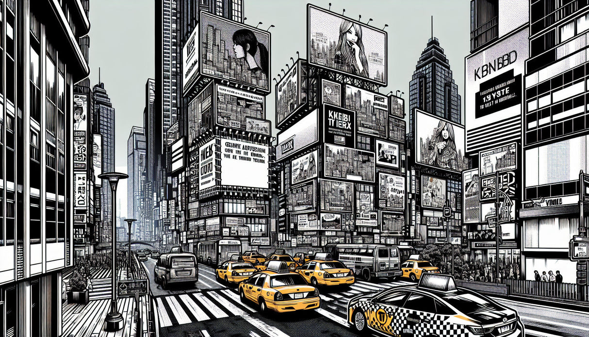 Black and white comic strip city wallpaper design file showing detailed urban scene with yellow taxi accents