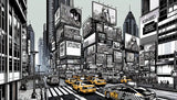 Black and white comic strip city wallpaper design file showing detailed urban scene with yellow taxi accents