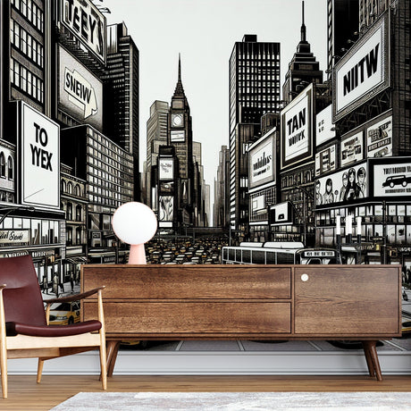Manhattan comic style wallpaper creating depth in a modern home office, black and white urban design with yellow accents