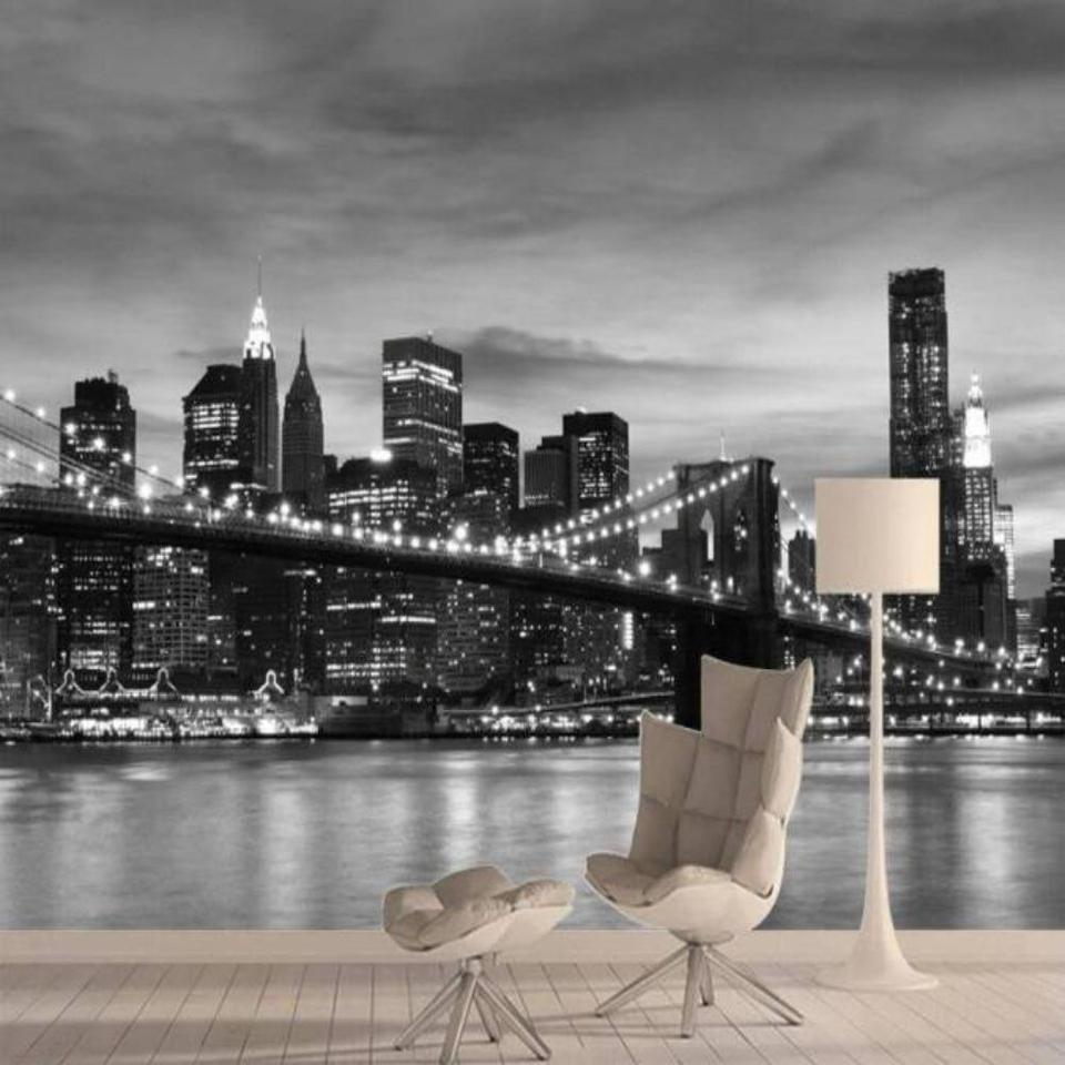Manhattan bridge mural wallpaper in minimalist home office space, adding urban sophistication