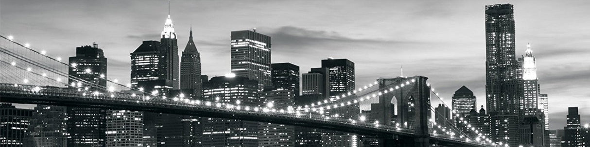 Black and white New York skyline design file showing detailed Manhattan architecture and bridge elements