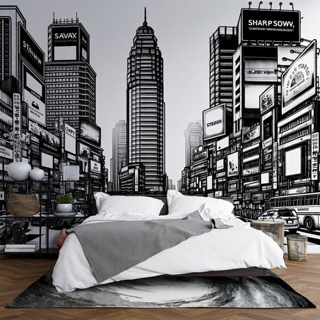 Black and white comic style city mural wallpaper in modern minimalist living room, creating dramatic urban atmosphere