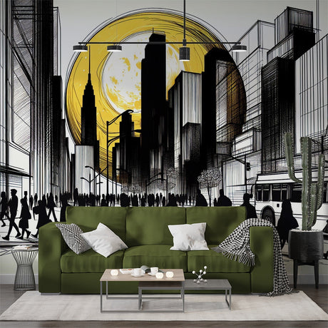 Modern city skyline wallpaper with golden moon bringing urban style to a minimalist living room