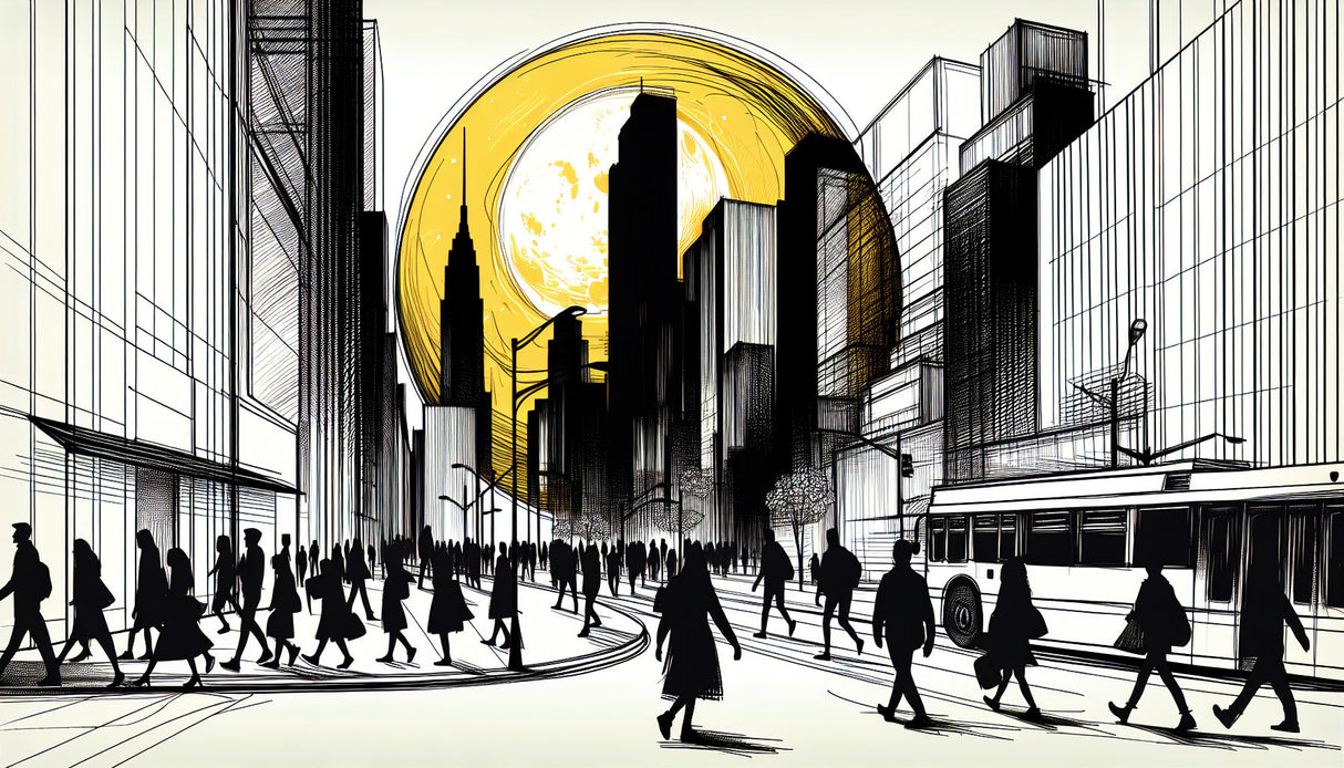 Black and white urban skyline wallpaper design file with golden moon accent
