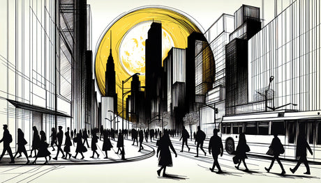 Black and white urban skyline wallpaper design file with golden moon accent
