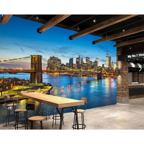 Brooklyn Bridge wall mural bringing NYC charm to a modern living room with low-light ambiance