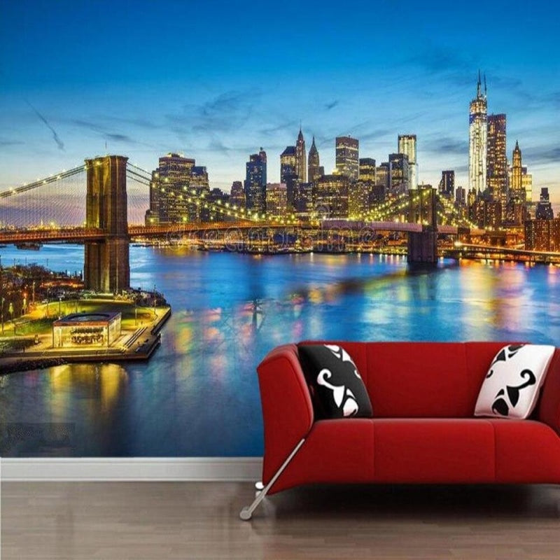 Cityscape wallpaper featuring Brooklyn Bridge in a luxury hotel lobby setting