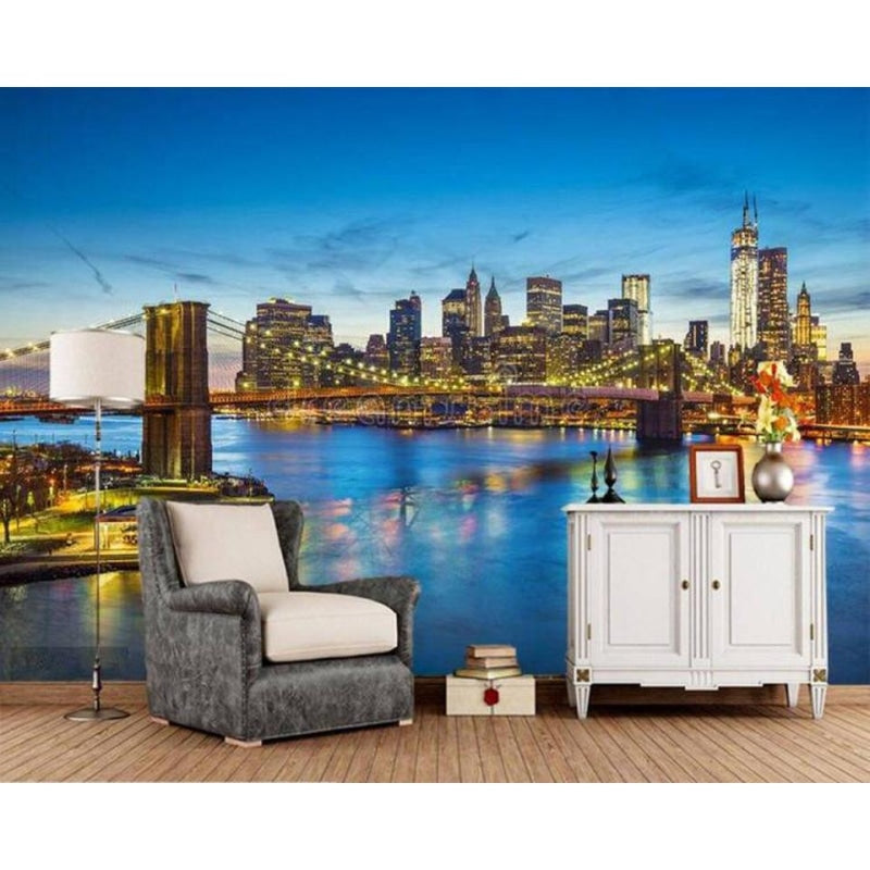 New York skyline mural making a statement in an urban dining room