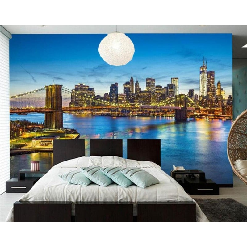 Urban landscape mural adding depth to a contemporary bedroom space