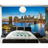 Urban landscape mural adding depth to a contemporary bedroom space