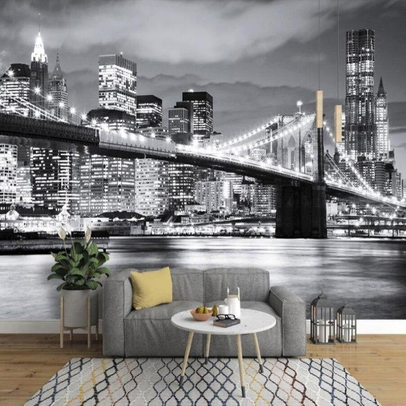 Urban city mural transforming contemporary home office with panoramic bridge view