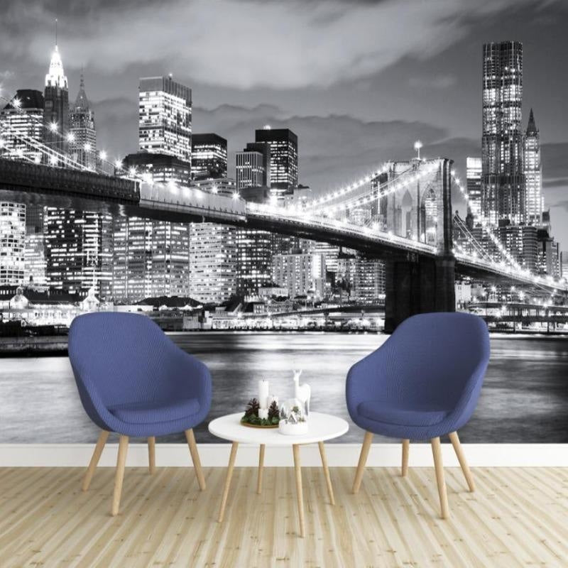 Monochrome Brooklyn Bridge wall mural adding depth to minimalist dining room