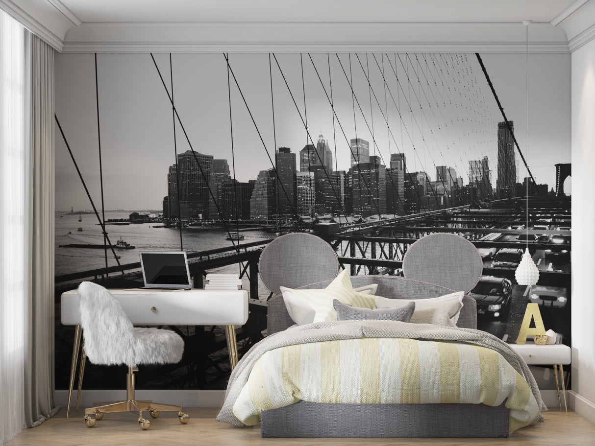 Brooklyn Bridge black and white wallpaper mural in modern minimalist living room with grey sofa