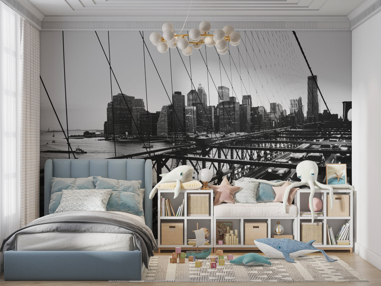 Urban skyline wallpaper featuring Brooklyn Bridge in contemporary office space