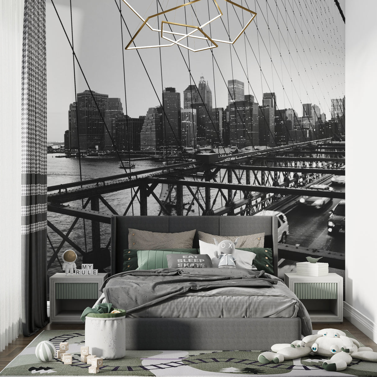 NYC bridge wallpaper creating focal point in modern bedroom setting