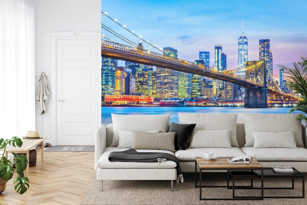 New York cityscape wallpaper creating depth in minimalist dining room