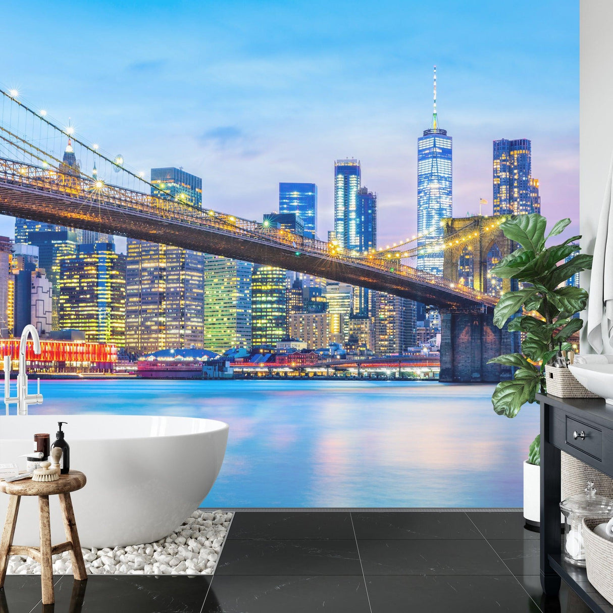 City skyline wallpaper making statement in modern apartment hallway