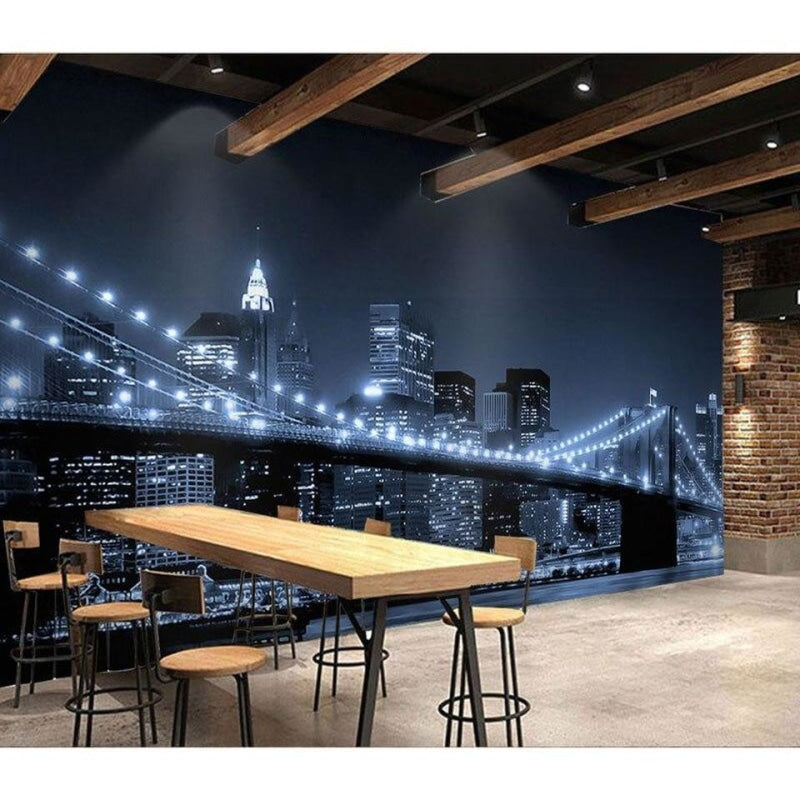 Urban wallpaper featuring Brooklyn Bridge in contemporary home office setup