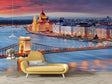 Budapest cityscape mural wallpaper in modern living room, showing warm sunset colors over the Danube