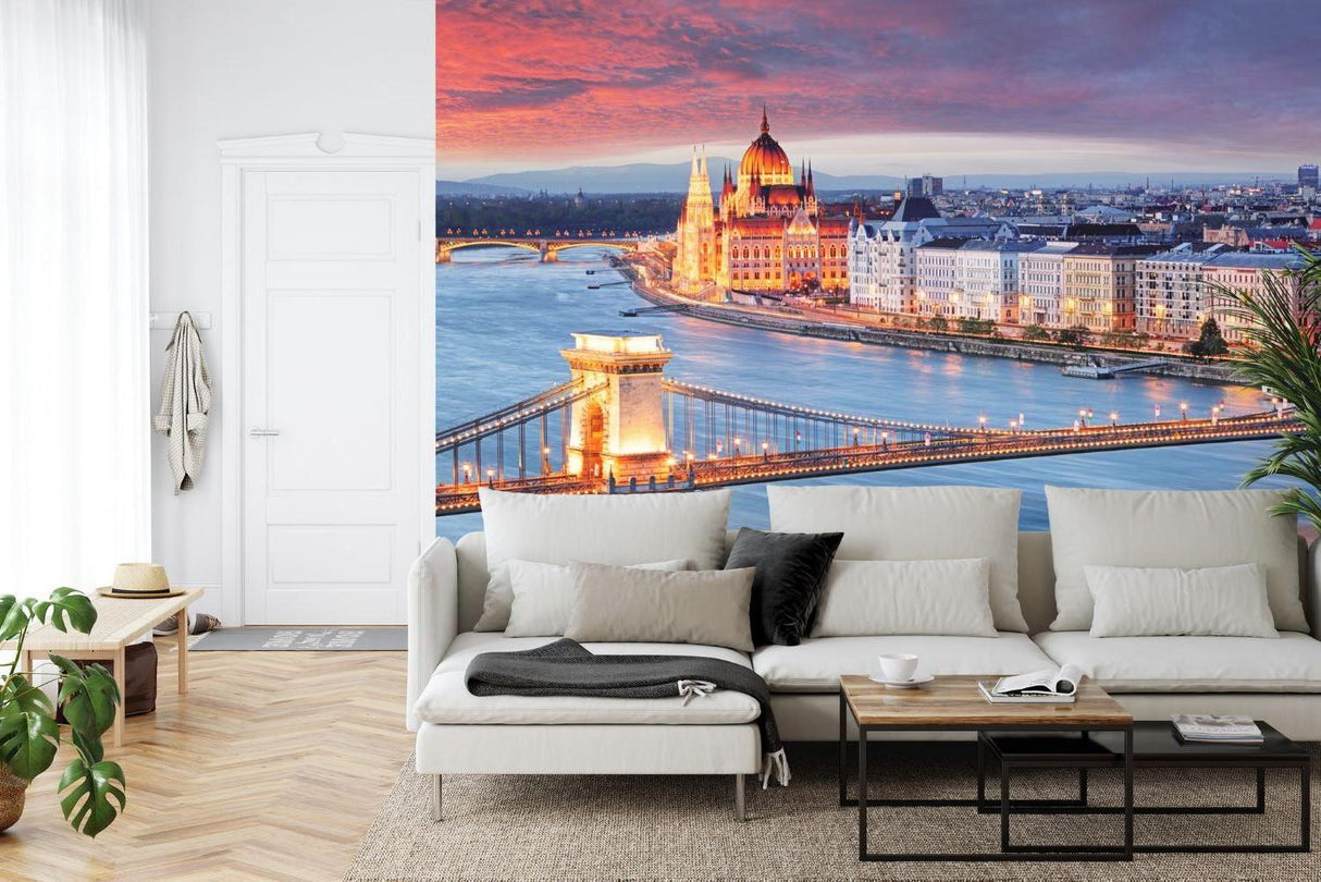City wall mural of Budapest Parliament in cozy dining room setting