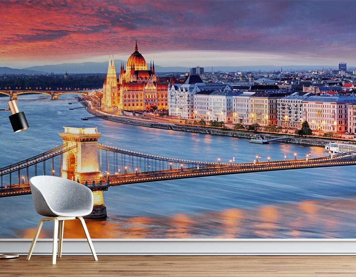 Budapest panoramic wallpaper creating depth in home office space