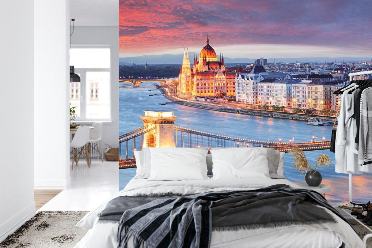 Sunset city mural of Budapest bringing warmth to bedroom wall