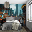 Dubai skyline wallpaper creating modern atmosphere in contemporary living room with grey sofa