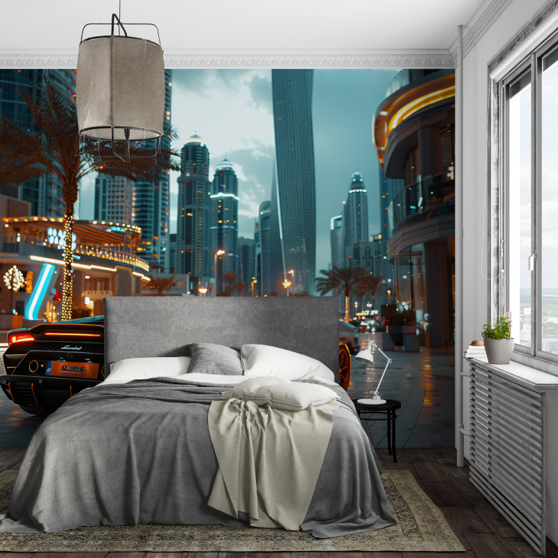 Dubai skyline wallpaper creating modern atmosphere in contemporary living room with grey sofa