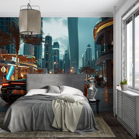 Dubai skyline wallpaper creating modern atmosphere in contemporary living room with grey sofa