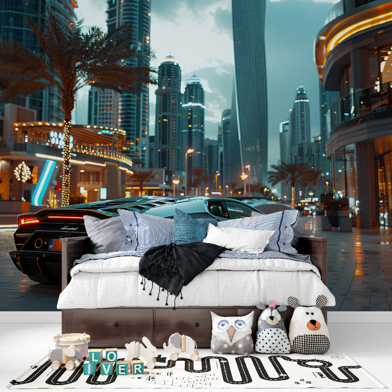Urban wallpaper with sports car theme transforming modern office space