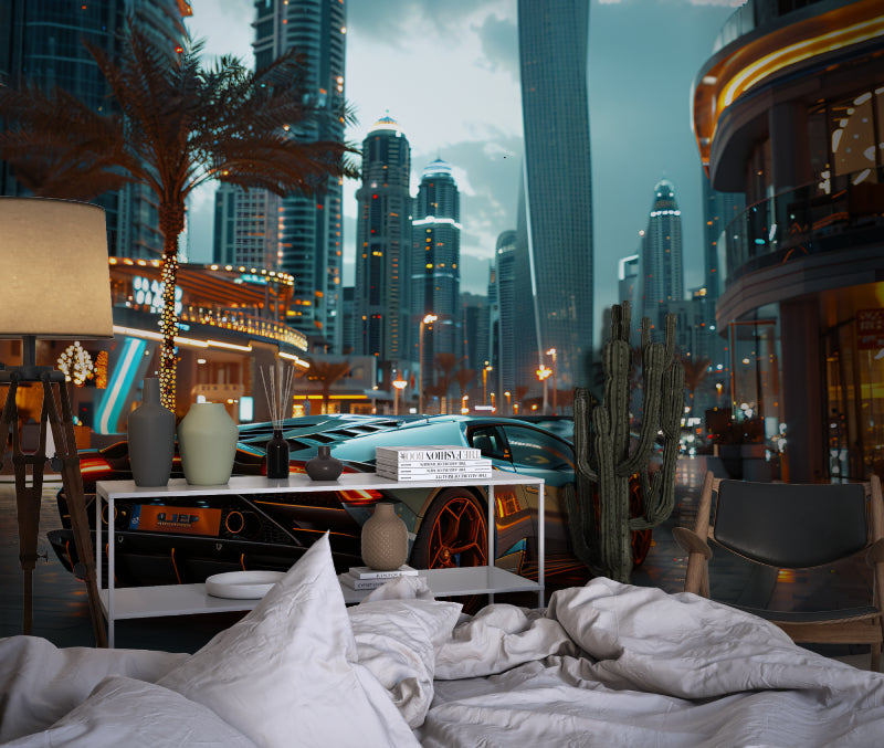 Luxury Dubai mural displayed in upscale dining room setting