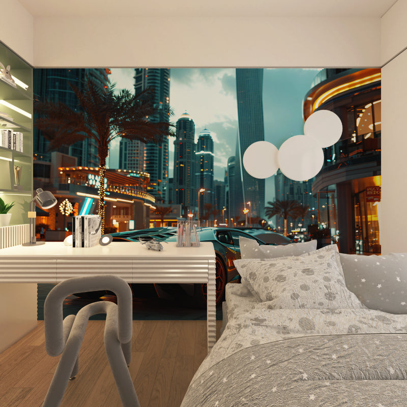 Sports car wallpaper bringing urban style to teenage bedroom