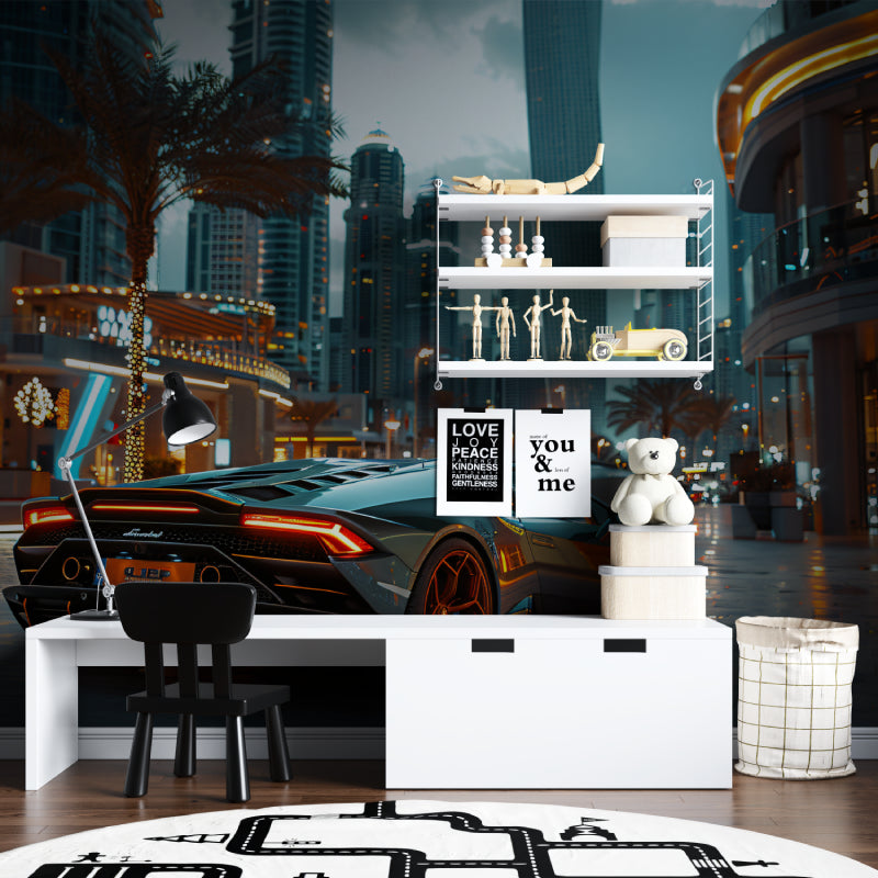 City skyline mural creating focal point in modern entertainment room