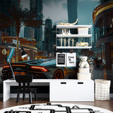 City skyline mural creating focal point in modern entertainment room