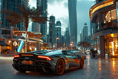 Dubai luxury skyline with sports car design file showing detailed pattern and rich colors