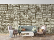 Urban sketch wallpaper mural in modern minimalist living room showing architectural details and brown-cream tones