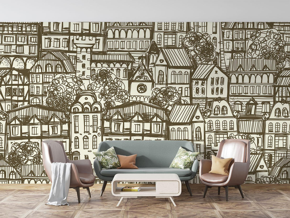 Urban sketch wallpaper mural in modern minimalist living room showing architectural details and brown-cream tones