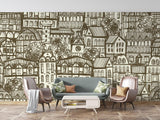 Urban sketch wallpaper mural in modern minimalist living room showing architectural details and brown-cream tones