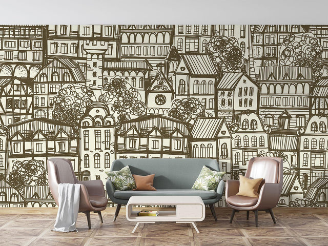 Urban sketch wallpaper mural in modern minimalist living room showing architectural details and brown-cream tones
