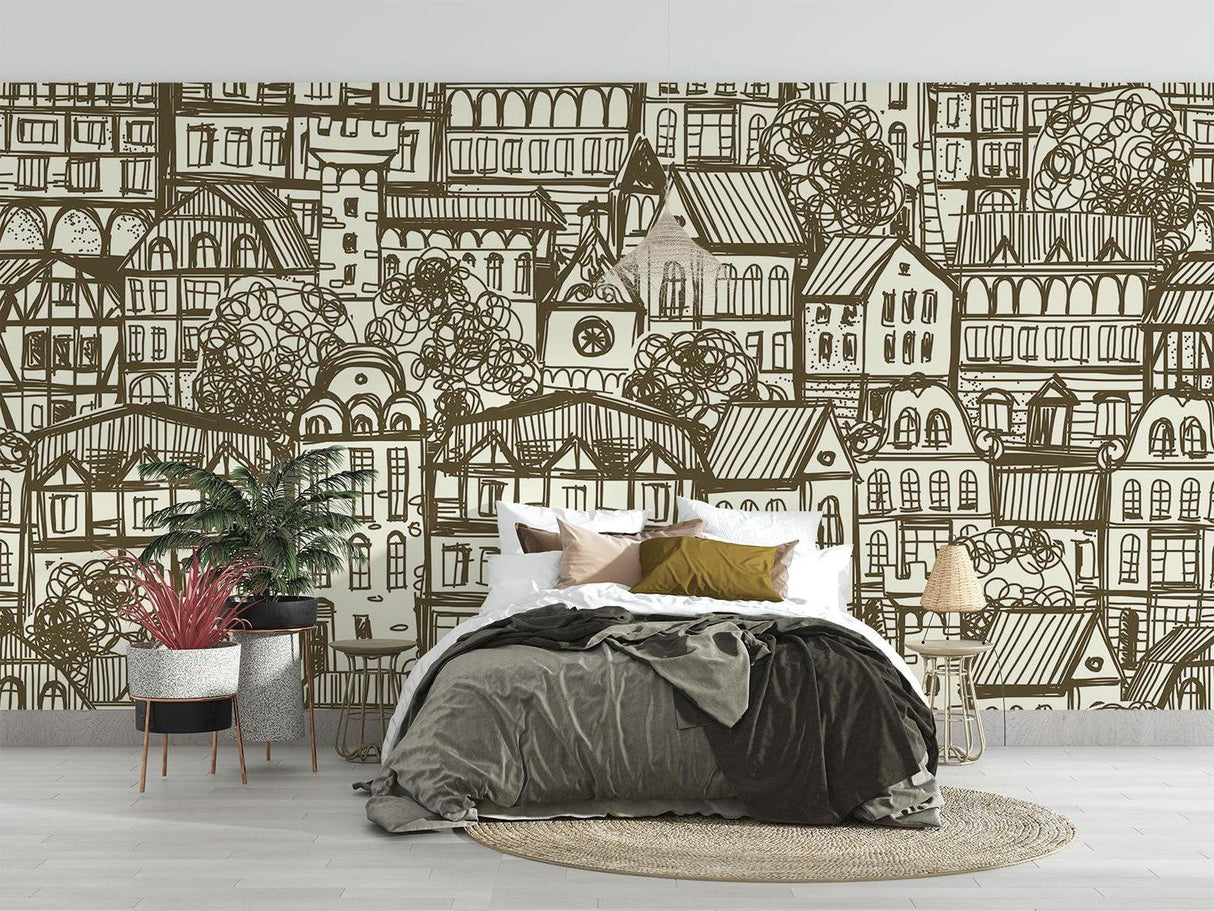 City line art wallpaper creating depth in cozy home office with natural lighting