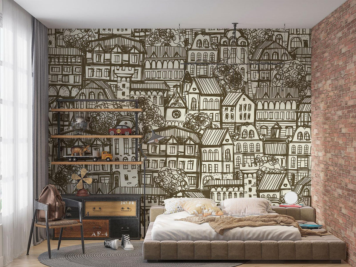 Architectural sketch mural wallpaper bringing character to dining room wall