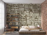 Architectural sketch mural wallpaper bringing character to dining room wall