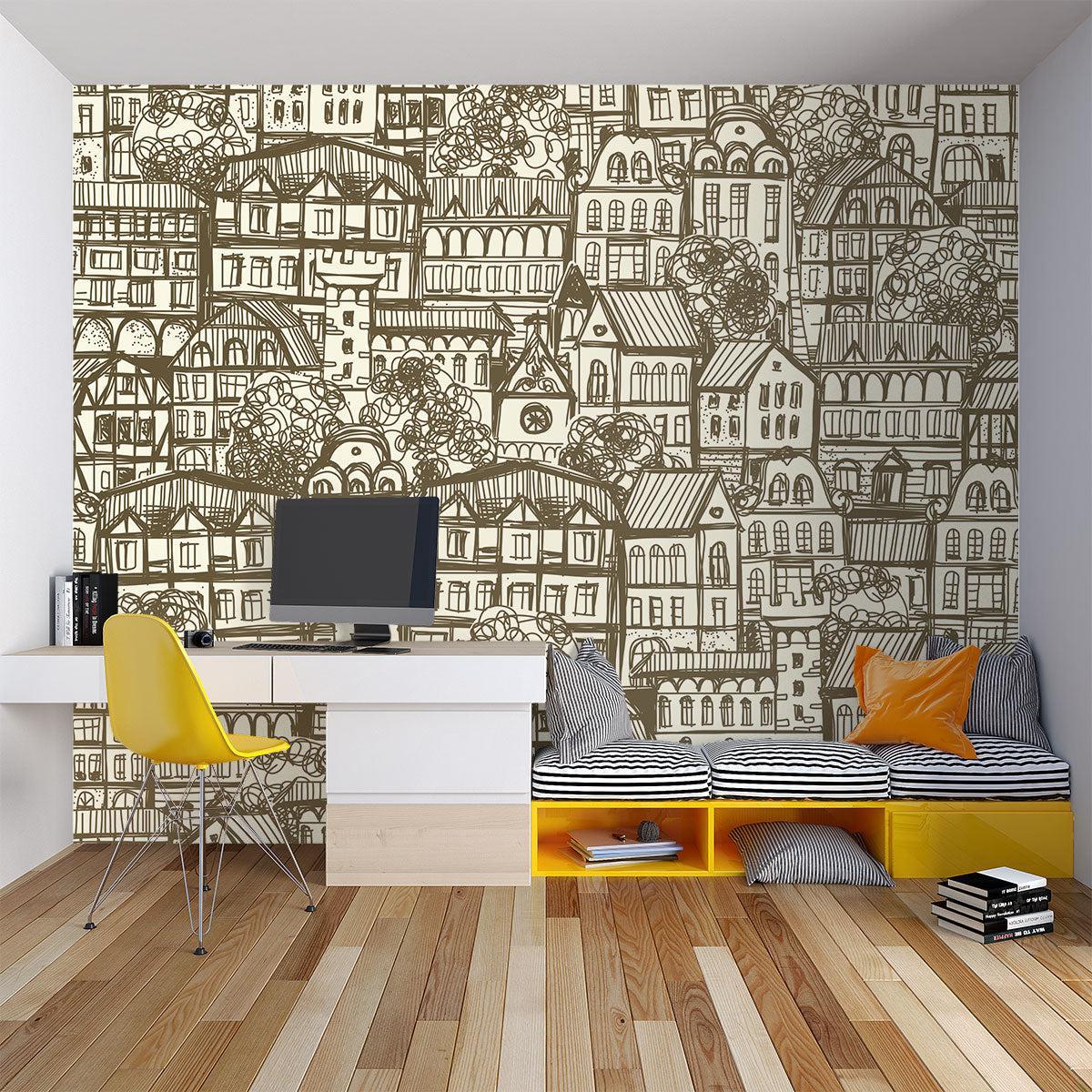 Hand-drawn urban wallpaper design showcased in contemporary bedroom setting
